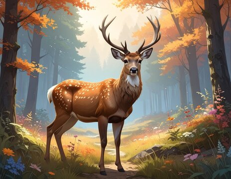A majestic stag with impressive antlers stands as a wild wildlife silhouette in the deep forest woods, illustrating a brown buck mammal in its natural nature habitat