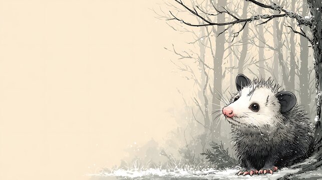 Cute opossum in snowy forest landscape. illustration of a small animal with textured fur and pink