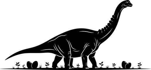 Black silhouette of long neck dinosaur walking, prehistoric animal illustration, sauropod reptile shape, isolated vector art for education, nature, wildlife, and fossil themes © Sarsoti