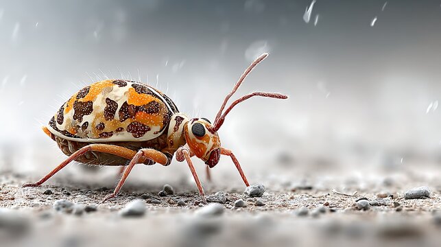 Close up macro view of a small. intricately patterned insect with orange and brown markings. walki