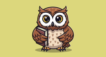 Fototapeta premium Cartoon owl with large eyes and book, set against a muted green backdrop