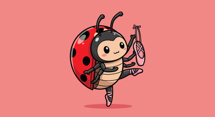 A cartoon ladybug gracefully balances en pointe, holding ballet shoes, against a pink backdrop © firda