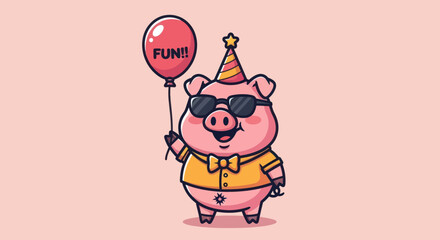 Naklejka premium A cartoon pig wearing sunglasses, party hat, and bow tie, holding a balloon that says 