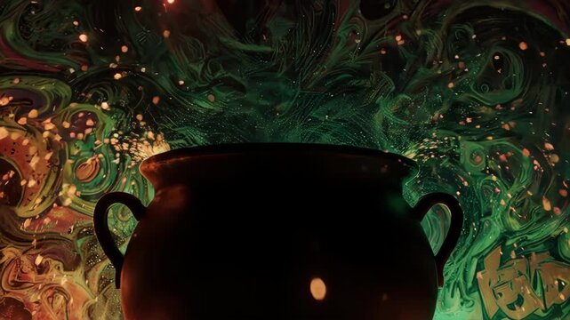 A dark cauldron with bubbling liquid, surrounded by swirls of color