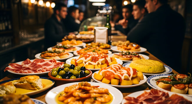 Assorted Tapas Dishes on Serving Plates.