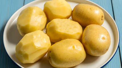 Boiled peeled potatoes in white bowl close up