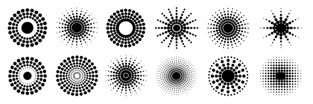Collection of abstract circular radial patterns made of black dots on white background, starburst effect
