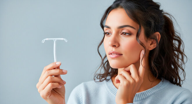 Woman holding an IUD device, contemplating reproductive health choices and family planning