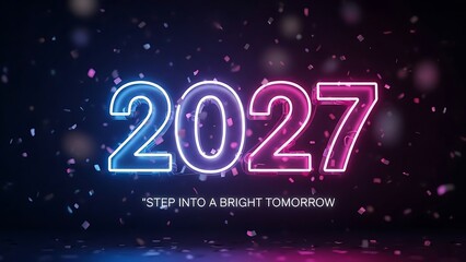 Neon illuminated 2027 new year graphic with vibrant pink and blue glowing lights and sparkles