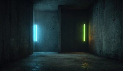 Fototapeta premium Concrete room with lit vertical neon lights casting color on the walls and floor