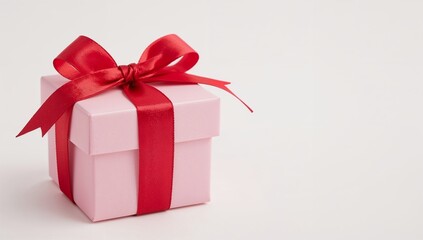 Obraz premium Premium Luxury Gift Box Elegant Small Pink Matte Box with Glossy Red Bow on White, High-Resolution Birthday, Holiday & Special Occasion