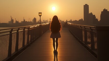 Fototapeta premium Backlit Silhouette of a Woman Standing on a Bridge During Sunset in an Urban Landscape