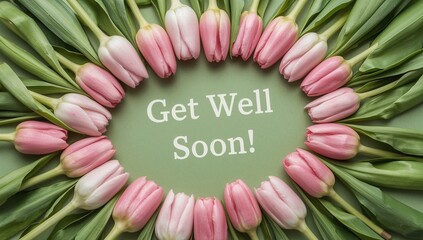 Get Well Soon Card with Pink White Tulips, Heartfelt Floral Sympathy, Recovery Greeting, Hospital Gift, Cheerful Bouquet
