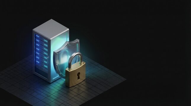 Isometric 3D Cybersecurity Concept with Server Stack Protected by Shield and Padlock on Black Background with Huge Copy Space