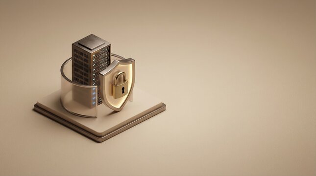 Isometric 3D Cybersecurity Concept with Server Stack, Shield and Padlock on Warm Beige Background with Huge Copy Space