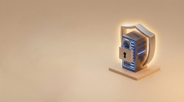 Isometric 3D Cybersecurity Concept with Server Stack, Shield and Padlock on Warm Beige Background with Huge Copy Space