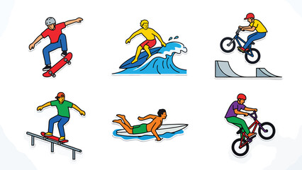 Obraz premium Extreme Sports Icons: Skateboard, Surfboard, BMX Bike, Swimmer