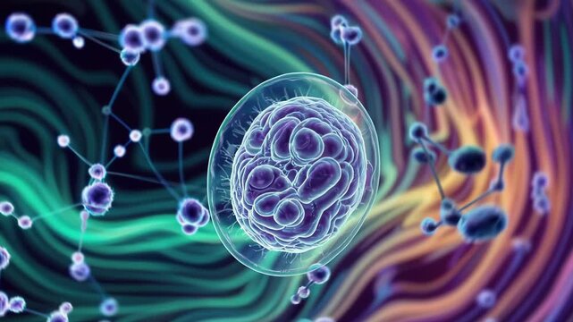 Visualization of biological cell structure. Animation for medical, biological, and scientific research. Micro life background under a microscope.