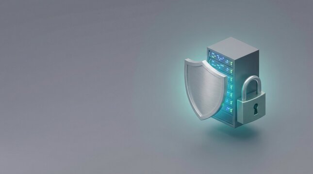 Isometric 3D Cybersecurity Concept with Server Stack Protected by Shield and Padlock on Gray Background Copy Space