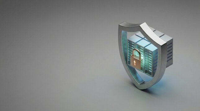 Isometric 3D Cybersecurity Concept with Server Stack Protected by Shield and Padlock on Gray Background Copy Space