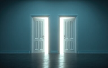 Fototapeta premium Two white doors open with bright light streaming through in a dimly lit room