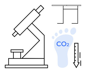 Obraz premium Environmental research, sustainability, carbon footprint, emissions analysis, science education, climate change. Microscope, CO2 text within a footprint and related symbols. Environmental research