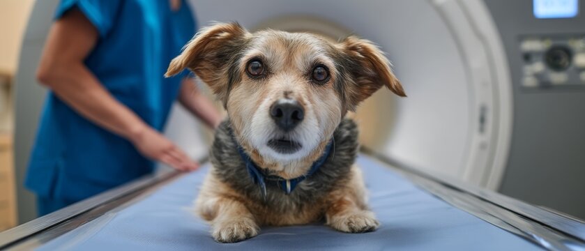 Small Dog on CT Scanner Bed Being Positioned by Veterinarian