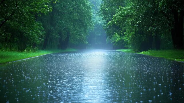 A serene image of a tree-lined road filled with rainwater, the trees forming a natural arch