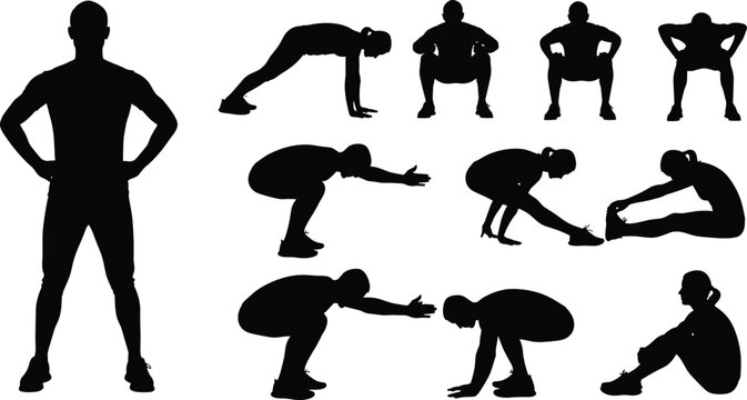 Silhouette fitness exercise set showing human squat, stretch, and warm-up poses, isolated on white background for workout, training, and wellness concepts design use