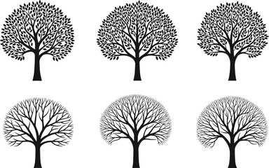 Obraz premium Set of decorative tree silhouettes with detailed branches and roots, black botanical illustrations showing seasonal variety, nature symbols, minimalist forest design elements