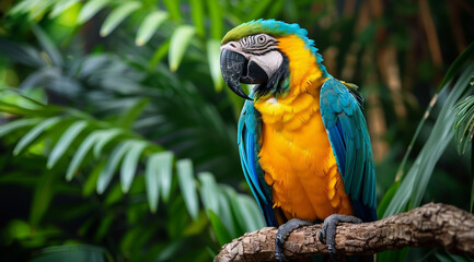Obraz premium A vibrant blue and yellow parrot perched on a tree branch in a lush tropical forest