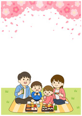 春のお花見をする家族｜縦長レイアウト・余白ありイラスト