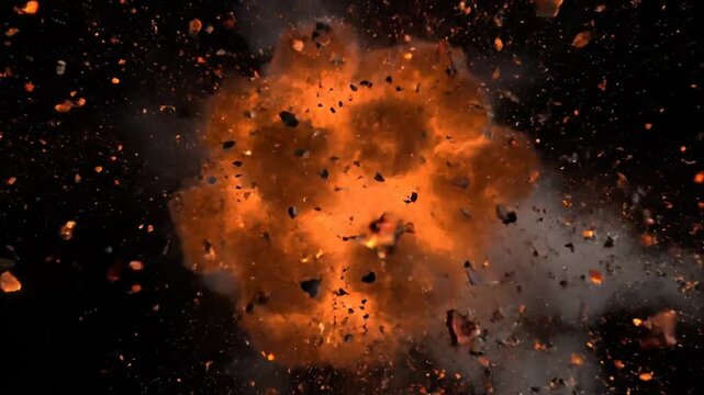 Dynamic explosive debris and fireballs expanding outwards in a dramatic cinematic scene