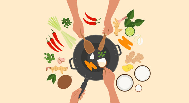 A vibrant, flat-lay illustration showcasing fresh ingredients falling into a cooking pan. Perfect for food blogs, recipes, or illustrating healthy coo