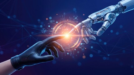 Human hand and robotic hand touching fingers with digital network and glowing orb technology future