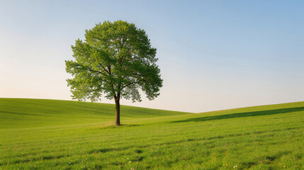 Obraz premium Lone green tree on rolling hills under a clear blue sky landscape nature