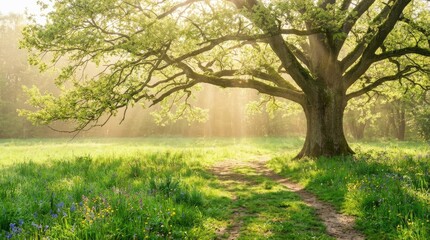 Obraz premium Majestic Oak Tree in Sunlit Meadow with Wildflowers and Forest Path