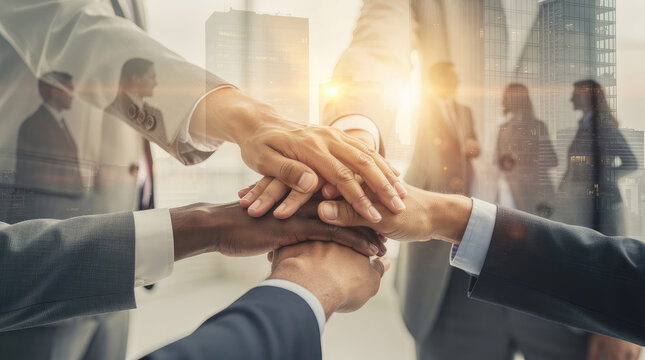 Close-up of diverse business hands stacked in unity with blurred office background teamwork collaboration
