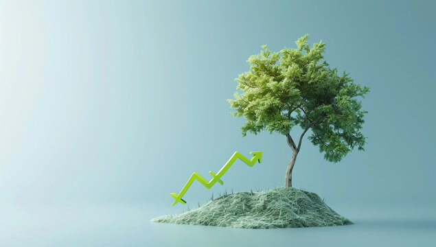A small tree grows on a pile of green money with an upward trend arrow