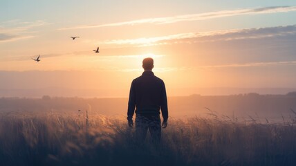 Silhouette of a man standing in a field of tall grass at sunrise with birds flying