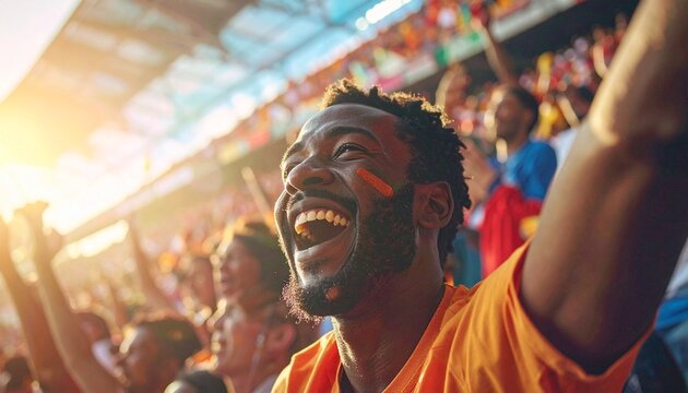 Jubelnder Fu&szlig;ballfan im Stadion bei Sonnenlicht und ausgelassener Stimmung
