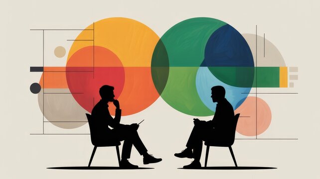 Silhouettes of two men sitting on chairs with abstract geometric shapes and overlapping circles in the background