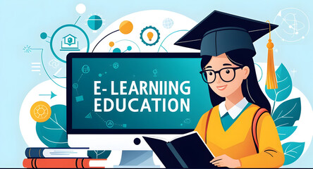 Edtech personalized learning student with graduation cap studying online at computer for e learning education enjoying focused learning experience