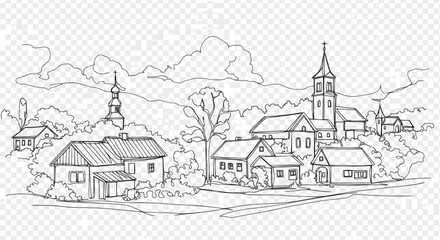 Obraz premium Continuous Line Drawing of a Village Landscape with Houses, Trees, and Church on Transparent