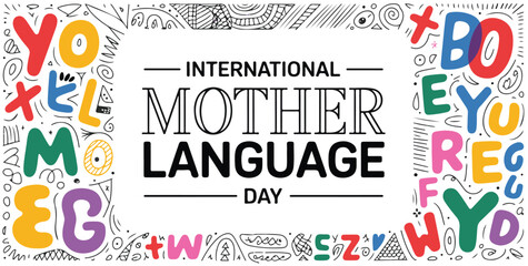 International mother language day banner with modern outline typography doodle background and colorful alphabet © MD.RAHIM