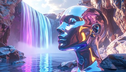 A chrome female bust reflects a colorful waterfall in a serene, rocky landscape
