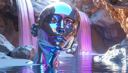 Metallic bust immersed in water, with waterfalls and cave formations