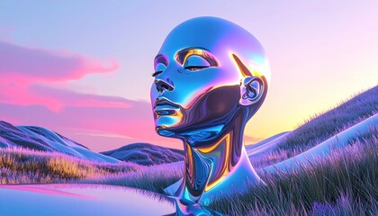 A chrome-like serene head reflects a sunset over rolling landscape