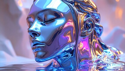 Reflective human face sculpture in blue and purple hues, with a blurry background