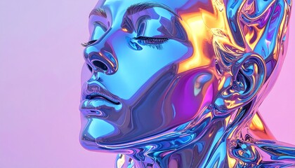 A close-up of a smooth, chrome-like human head with closed eyes, bathed in neon light